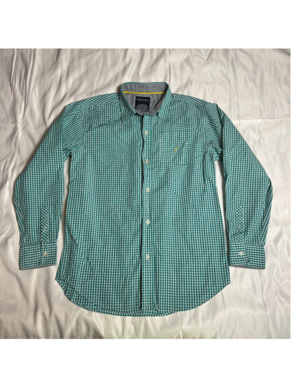 Boys Nautica Button Down Shirt Size L 14/16 Green White Gingham Check